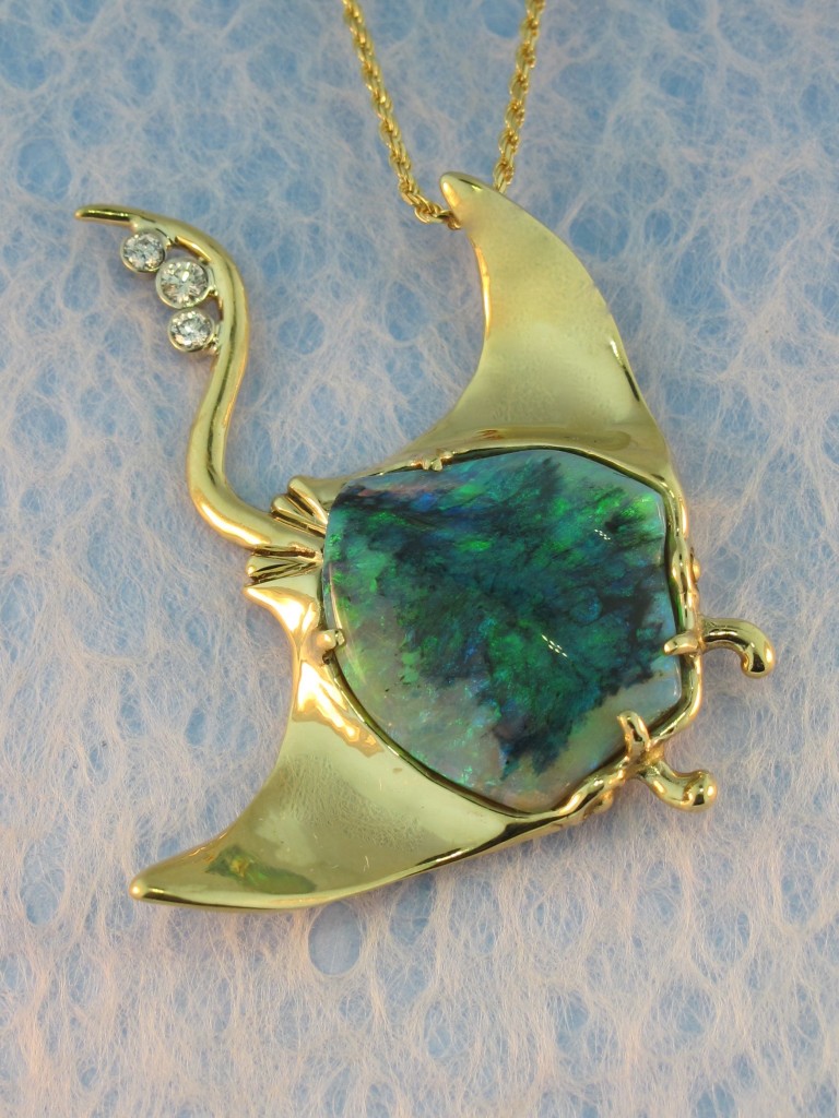 18K Gold Manta Ray Australian Opal Pendant