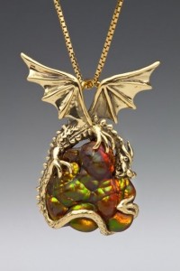 Surreal - Carved Arizona Fire Agate - 18K Gold Dragon