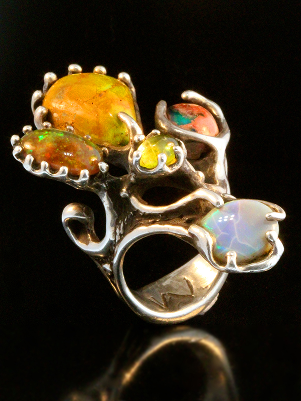 A Bob Winston ring in the modernist style from Marty's personal collection. Solid sterling silver set with semiprecious stones. 