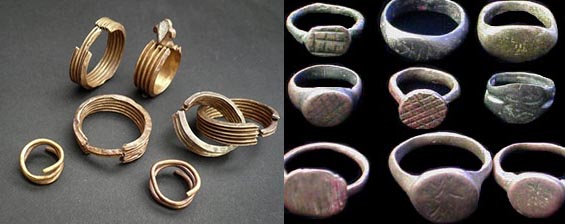 Assortment of ancient rings  - Egyptian (left) and Roman (right). 