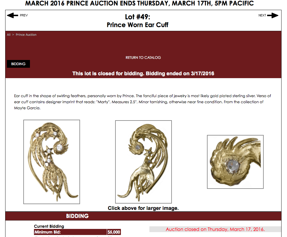 Screen Shot, Comet Ear Wrap worn by Prince Auction