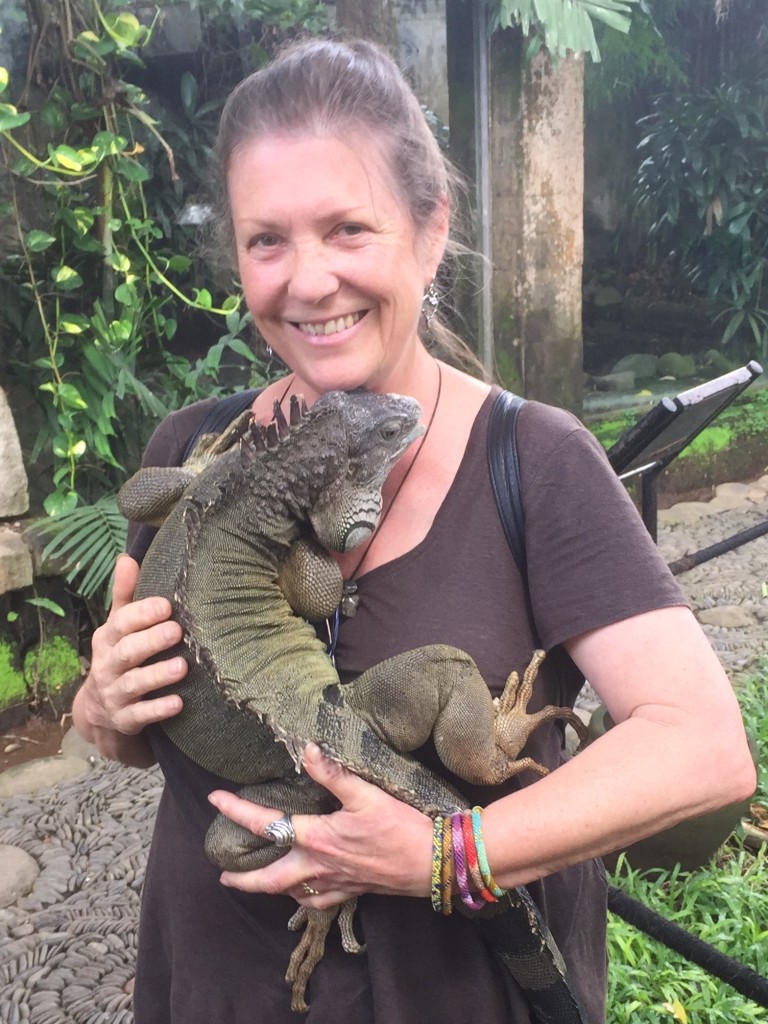 Marty holding a Green Iguana, Bird and Reptile Park, Ubud, Bali, 2015