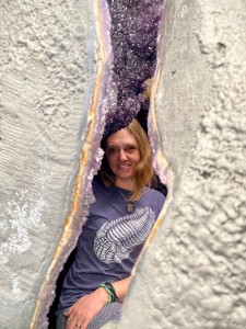 Alisha looking out from inside giant Amethyst crystal.