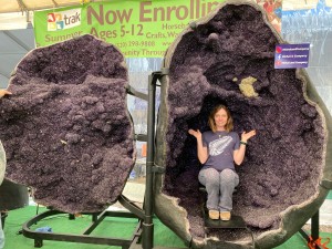 Alisha waiting to be closed inside the giant amethyst geode.