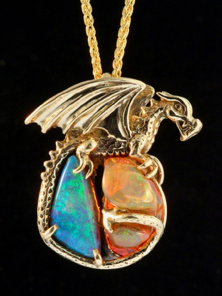 18K gold Fire and Ice Dragon pendant. Australian Boulder Opal and Mexican Fire Opal 