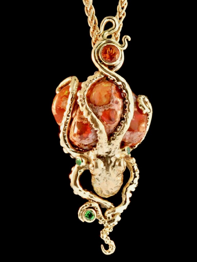 18K gold Octopus Pendant featuring an organic Mexican matrix fire opal 