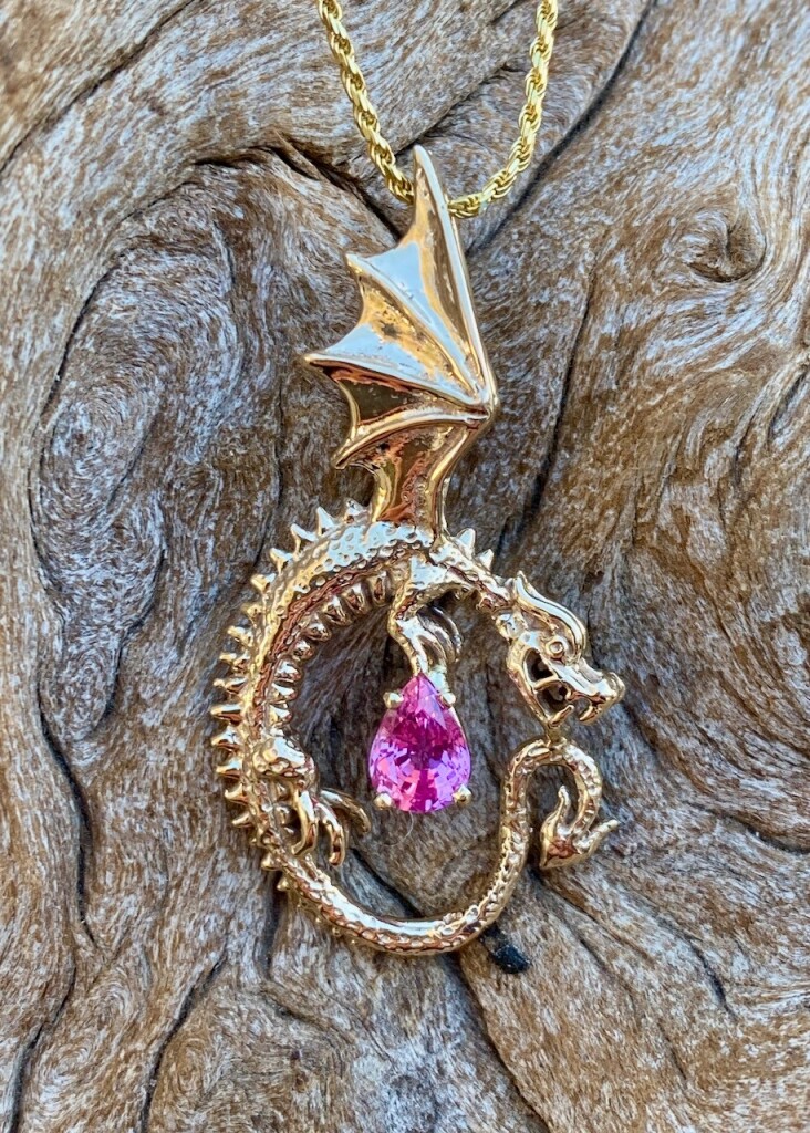 14K gold Oracle Dragon Pendant with Pink Sapphire