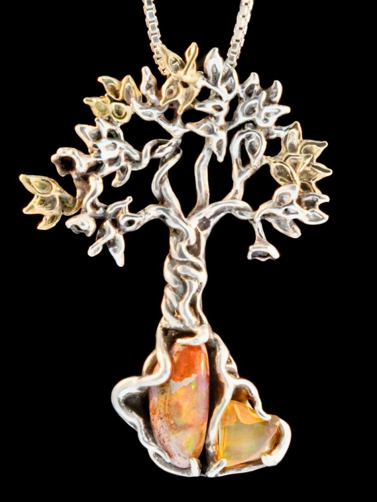 Primeval Forest -Sterling silver with 14K appliqué leaves - Mexican fire opals