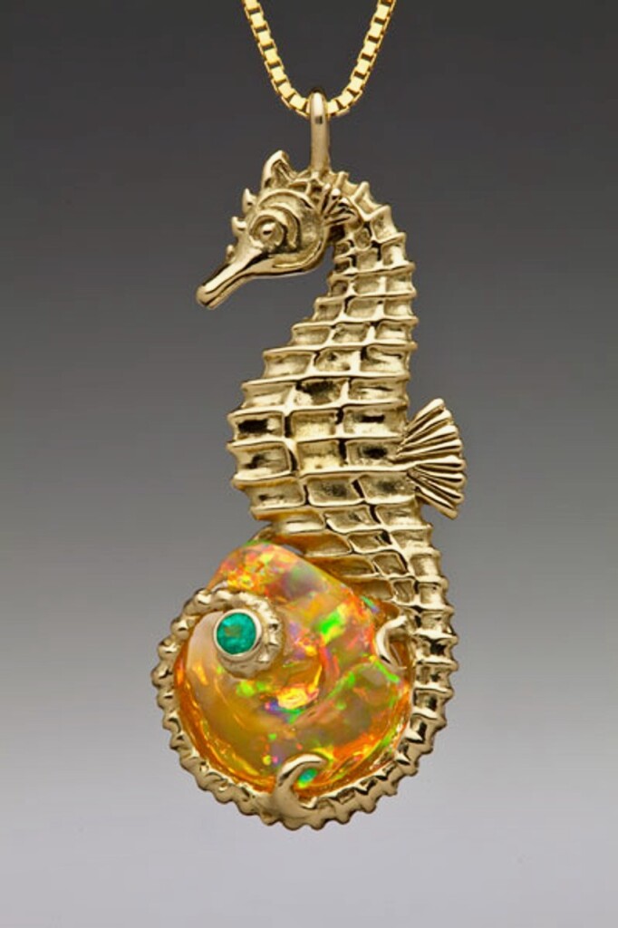 18K Gold Sea Horse Pendant with Mexican Fire Opal and Pariaba Tourmaline